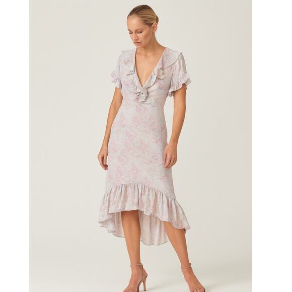 Warm Sunday Dot Floral Silk Midi Dress 0 Pink Yellow Blue NWT - Picture 1 of 8